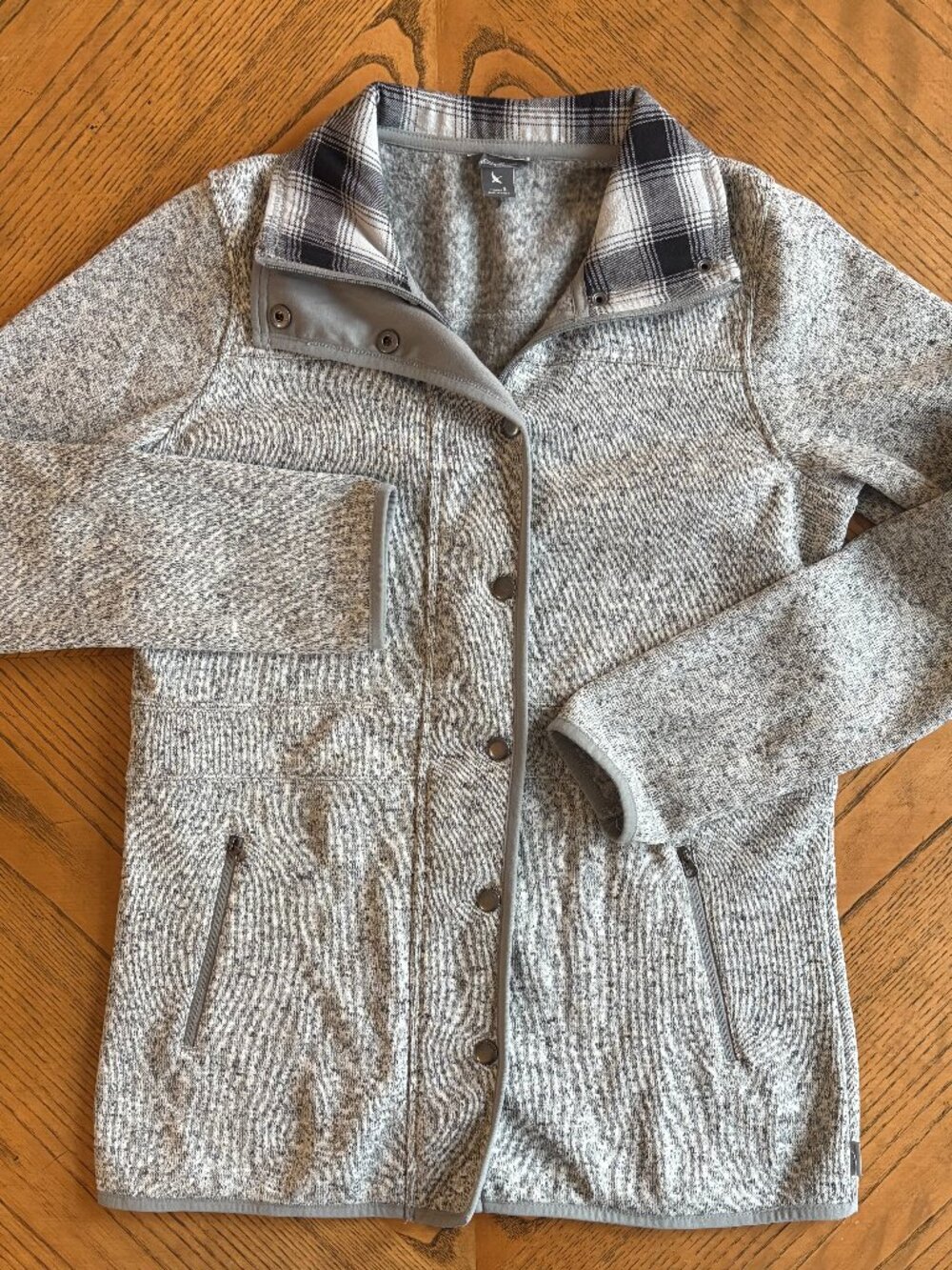 Eddie Bauer Gray Marled Fleece Full-Zip Snap Jacket Women's Small Plaid Lining